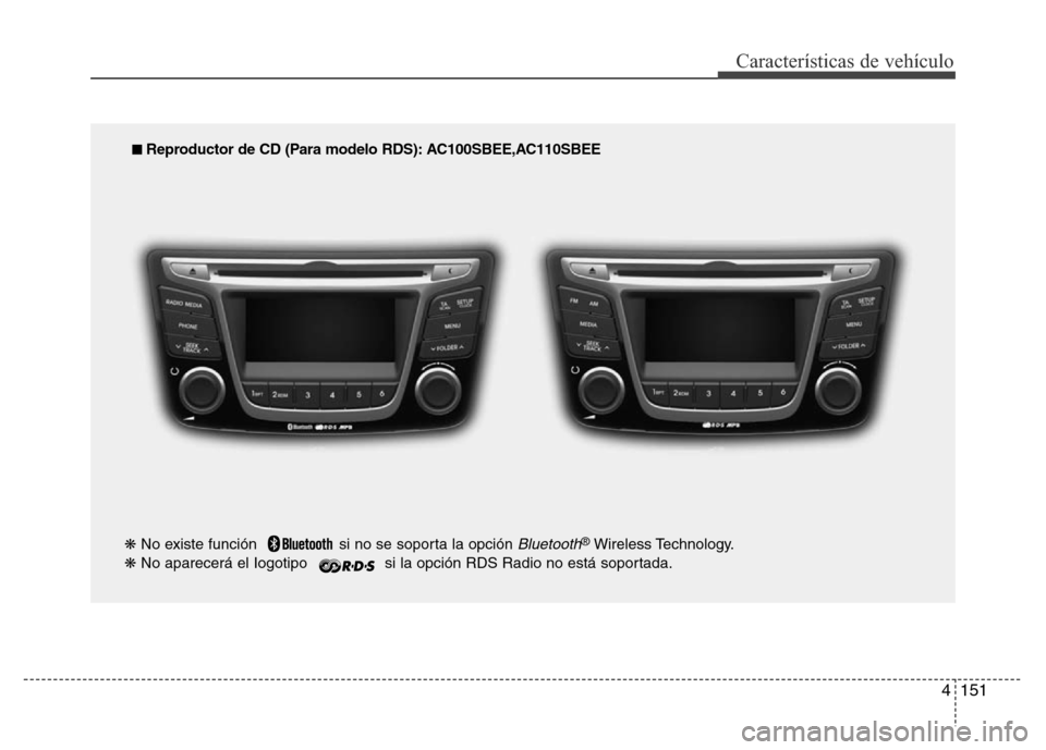 Hyundai Accent 2016 Manual del propietario (i25) (in Spanish) 4151
Características de vehículo
■ Reproductor de CD (Para modelo RDS): AC100SBEE,AC110SBEE
❋No existe función si no se soporta la opción
Bluetooth®Wireless Technology.
❋No aparecerá el Hyundai Accent 2016 Manual del propietario (i25) (in Spanish) 4151
Características de vehículo
■ Reproductor de CD (Para modelo RDS): AC100SBEE,AC110SBEE
❋No existe función si no se soporta la opción
Bluetooth®Wireless Technology.
❋No aparecerá el