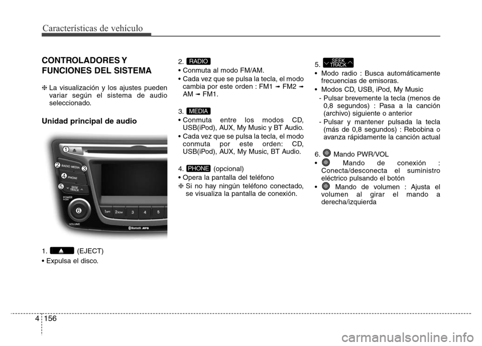 Hyundai Accent 2016  Manual del propietario (i25) (in Spanish) Características de vehículo
156 4
CONTROLADORES Y
FUNCIONES DEL SISTEMA
❈ La visualización y los ajustes pueden
variar según el sistema de audio
seleccionado.
Unidad principal de audio 
1. (EJEC