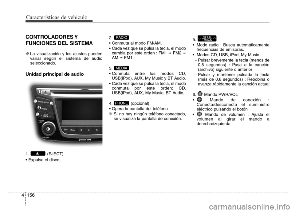 Hyundai Accent 2016 Manual del propietario (i25) (in Spanish) Características de vehículo
156 4
CONTROLADORES Y
FUNCIONES DEL SISTEMA
❈ La visualización y los ajustes pueden
variar según el sistema de audio
seleccionado.
Unidad principal de audio
1. (EJEC Hyundai Accent 2016 Manual del propietario (i25) (in Spanish) Características de vehículo
156 4
CONTROLADORES Y
FUNCIONES DEL SISTEMA
❈ La visualización y los ajustes pueden
variar según el sistema de audio
seleccionado.
Unidad principal de audio
1. (EJEC