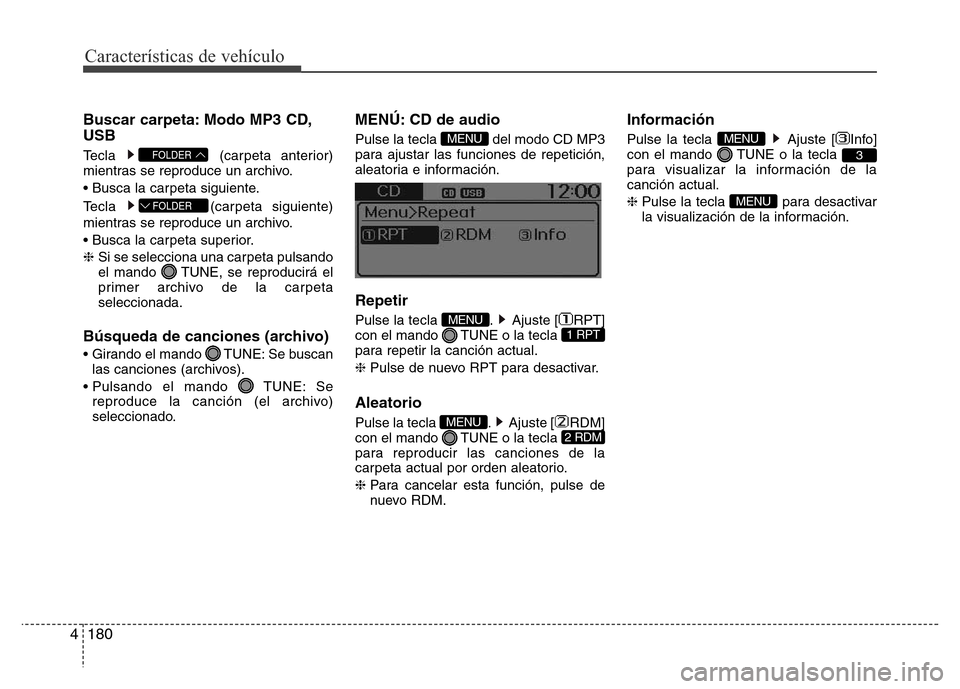 Hyundai Accent 2016 Manual del propietario (i25) (in Spanish) Características de vehículo
180 4
Buscar carpeta: Modo MP3 CD,
USB
Tecla (carpeta anterior)
mientras se reproduce un archivo.
• Busca la carpeta siguiente.
Tecla (carpeta siguiente)
mientras se re Hyundai Accent 2016 Manual del propietario (i25) (in Spanish) Características de vehículo
180 4
Buscar carpeta: Modo MP3 CD,
USB
Tecla (carpeta anterior)
mientras se reproduce un archivo.
• Busca la carpeta siguiente.
Tecla (carpeta siguiente)
mientras se re