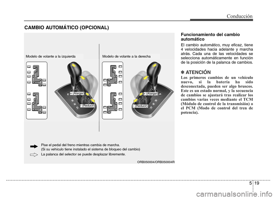 Hyundai Accent 2016 Manual del propietario (i25) (in Spanish) 519
Conducción
Funcionamiento del cambio
automático
El cambio automático, muy eficaz, tiene
4 velocidades hacia adelante y marcha
atrás. Cada una de las velocidades se
selecciona automáticamente Hyundai Accent 2016 Manual del propietario (i25) (in Spanish) 519
Conducción
Funcionamiento del cambio
automático
El cambio automático, muy eficaz, tiene
4 velocidades hacia adelante y marcha
atrás. Cada una de las velocidades se
selecciona automáticamente