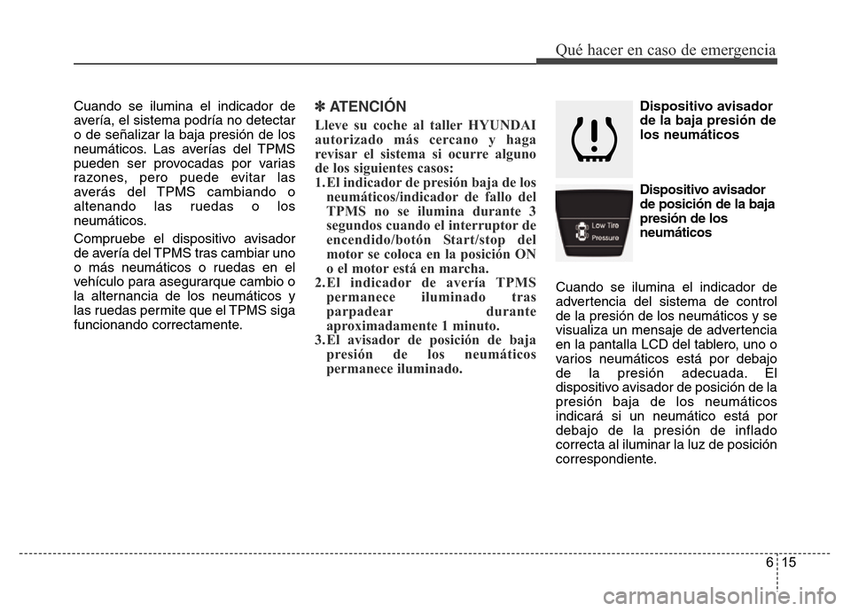 Hyundai Accent 2016  Manual del propietario (i25) (in Spanish) 615
Qué hacer en caso de emergencia
Cuando se ilumina el indicador de
avería, el sistema podría no detectar
o de señalizar la baja presión de los
neumáticos. Las averías del TPMS
pueden ser pro
