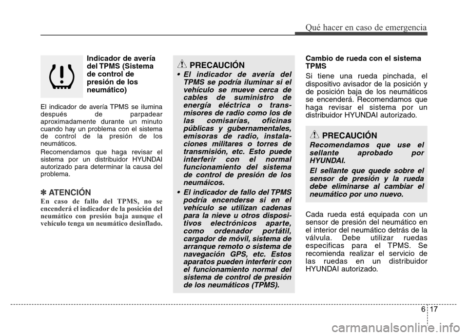 Hyundai Accent 2016  Manual del propietario (i25) (in Spanish) 617
Qué hacer en caso de emergencia
Indicador de avería
del TPMS  (Sistema
de control de
presión de los
neumático)
El indicador de avería TPMS se ilumina
después de parpadear
aproximadamente dur