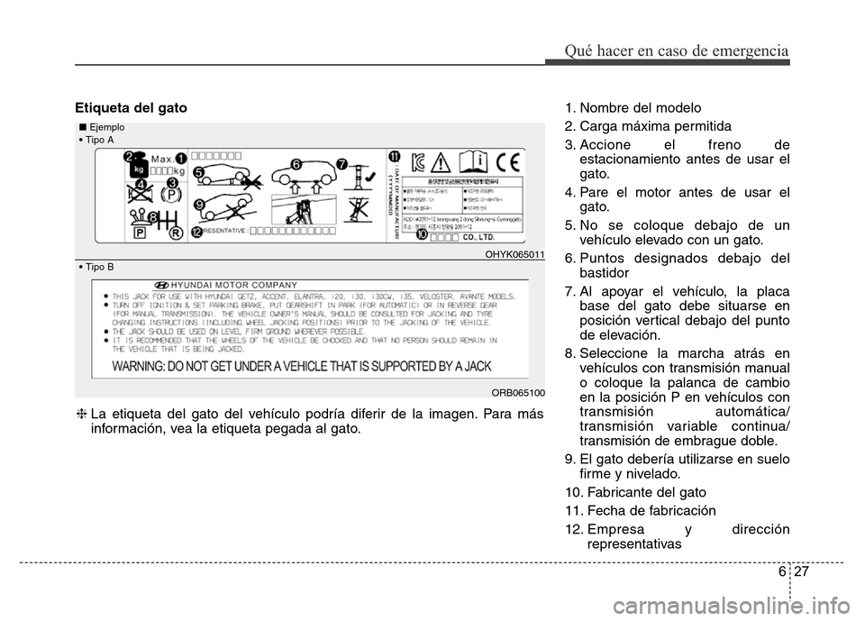 Hyundai Accent 2016  Manual del propietario (i25) (in Spanish) 627
Qué hacer en caso de emergencia
Etiqueta del gato1. Nombre del modelo
2. Carga máxima permitida
3. Accione el freno de
estacionamiento antes de usar el
gato.
4. Pare el motor antes de usar el
ga
