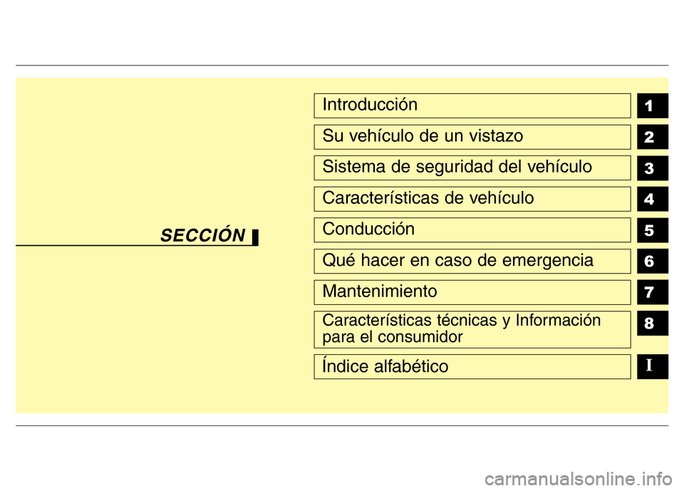 Hyundai Accent 2016  Manual del propietario (i25) (in Spanish) 1
2
3
4
5
6
7
8Introducción
Su vehículo de un vistazo
Sistema de seguridad del vehículo
Características de vehículo
Conducción
Qué hacer en caso de emergencia
Mantenimiento
Características té