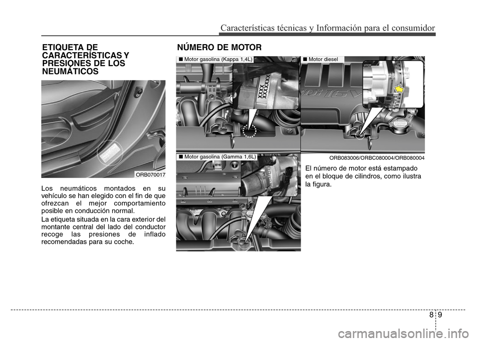 Hyundai Accent 2016  Manual del propietario (i25) (in Spanish) 89
Características técnicas y Información para el consumidor
Los neumáticos montados en su
vehículo se han elegido con el fin de que
ofrezcan el mejor comportamiento
posible en conducción normal