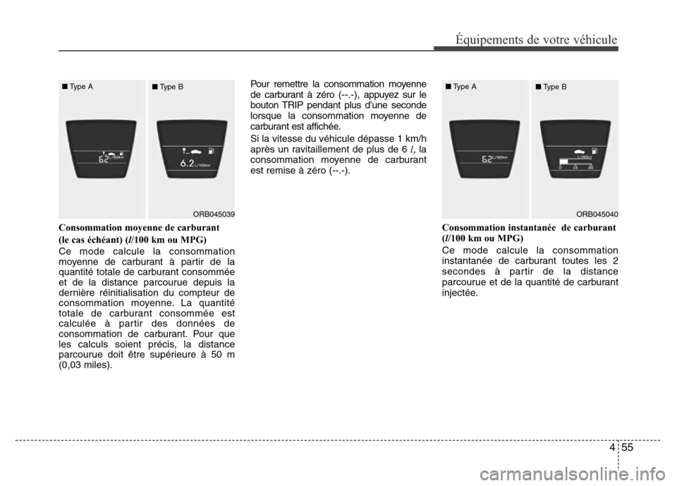 Hyundai Accent 2016 Manuel du propriétaire (in French) 455
Équipements de votre véhicule
Consommation moyenne de carburant
(le cas échéant) (l/100 km ou MPG)
Ce mode calcule la consommation
moyenne de carburant à partir de la
quantité totale de car Hyundai Accent 2016 Manuel du propriétaire (in French) 455
Équipements de votre véhicule
Consommation moyenne de carburant
(le cas échéant) (l/100 km ou MPG)
Ce mode calcule la consommation
moyenne de carburant à partir de la
quantité totale de car