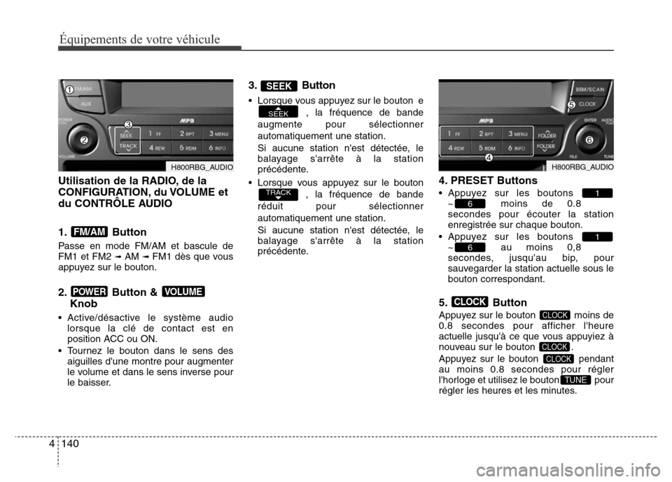 Hyundai Accent 2016  Manuel du propriétaire (in French) 140
4 Utilisation de la RADIO, de la
CONFIGURATION, du VOLUME  et
du CONTRÔLE AUDIO
1. Button
Passe en mode FM/AM et bascule de
FM1 et FM2 ➟ AM ➟ FM1 dès que vous
appuyez sur le bouton.
2. Butto
