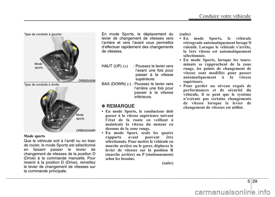 Hyundai Accent 2016 Manuel du propriétaire (in French) 529
Conduire votre véhicule
Mode sports
Que le véhicule soit à l’arrêt ou en train
de rouler, le mode Sports est sélectionné
en faisant passer le levier de
changement de vitesses de la positio Hyundai Accent 2016 Manuel du propriétaire (in French) 529
Conduire votre véhicule
Mode sports
Que le véhicule soit à l’arrêt ou en train
de rouler, le mode Sports est sélectionné
en faisant passer le levier de
changement de vitesses de la positio