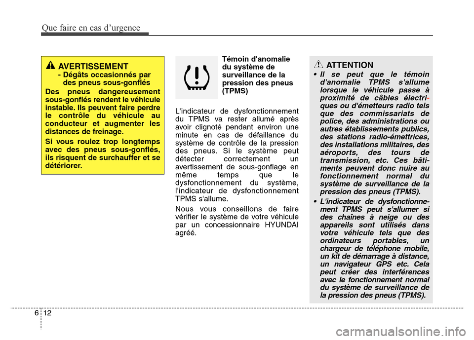 Hyundai Accent 2016 Manuel du propriétaire (in French) Que faire en cas d’urgence
12
6
Témoin danomalie
du système de
surveillance de la
pression des pneus
(TPMS)
Lindicateur de dysfonctionnement
du TPMS va rester allumé après
avoir clignoté pend Hyundai Accent 2016 Manuel du propriétaire (in French) Que faire en cas d’urgence
12
6
Témoin danomalie
du système de
surveillance de la
pression des pneus
(TPMS)
Lindicateur de dysfonctionnement
du TPMS va rester allumé après
avoir clignoté pend