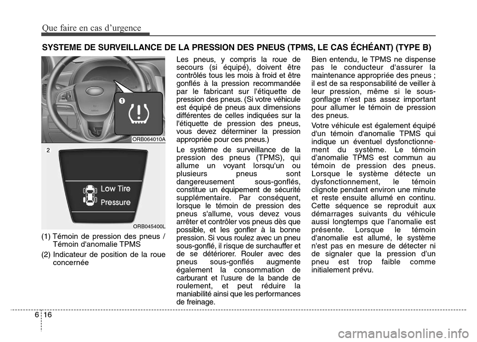 Hyundai Accent 2016 Manuel du propriétaire (in French) Que faire en cas d’urgence
16
6
SYSTEME DE SURVEILLANCE DE LA PRESSION DES PNEUS (TPMS, LE CAS ÉCHÉANT) (TYPE B)
(1) Témoin de pression des pneus /
Témoin danomalie TPMS
(2) Indicateur de posit Hyundai Accent 2016 Manuel du propriétaire (in French) Que faire en cas d’urgence
16
6
SYSTEME DE SURVEILLANCE DE LA PRESSION DES PNEUS (TPMS, LE CAS ÉCHÉANT) (TYPE B)
(1) Témoin de pression des pneus /
Témoin danomalie TPMS
(2) Indicateur de posit
