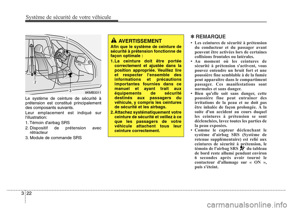 Hyundai Accent 2016  Manuel du propriétaire (in French) Système de sécurité de votre véhicule 
22
3
Le système de ceinture de sécurité à
prétension est constitué principalement
des composants suivants.
Leur emplacement est indiqué sur
lillustra