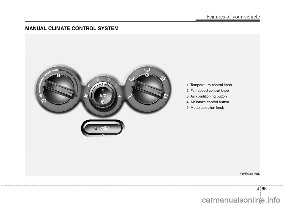 Hyundai Accent 2015 Owners Manual 465
Features of your vehicle
MANUAL CLIMATE CONTROL SYSTEM
1. Temperature control knob
2. Fan speed control knob
3. Air conditioning button
4. Air intake control button
5. Mode selection knob
ORB04006 Hyundai Accent 2015 Owners Manual 465
Features of your vehicle
MANUAL CLIMATE CONTROL SYSTEM
1. Temperature control knob
2. Fan speed control knob
3. Air conditioning button
4. Air intake control button
5. Mode selection knob
ORB04006
