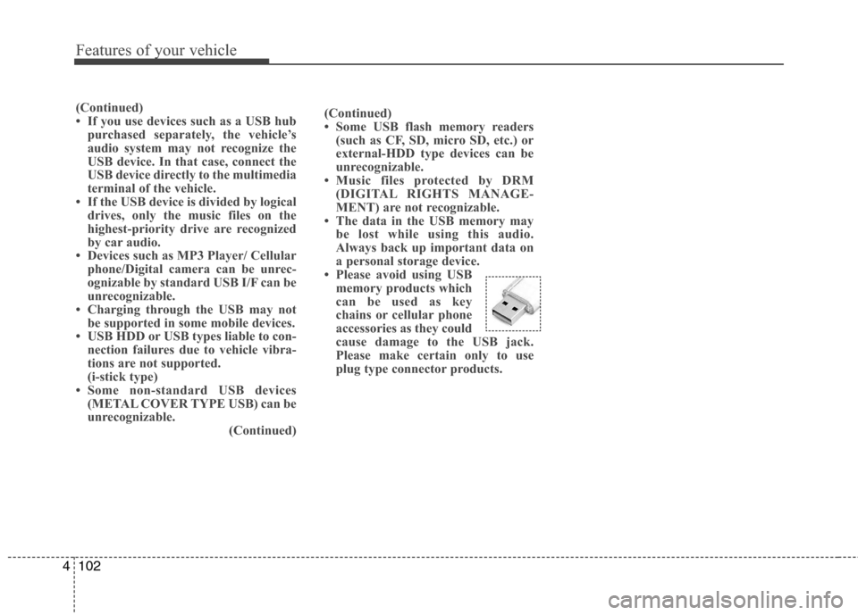 Hyundai Accent 2015 Owners Manual Features of your vehicle
102 4
(Continued)
• Some USB flash memory readers
(such as CF, SD, micro SD, etc.) or
external-HDD type devices can be
unrecognizable.
• Music files protected by DRM
(DIGI Hyundai Accent 2015 Owners Manual Features of your vehicle
102 4
(Continued)
• Some USB flash memory readers
(such as CF, SD, micro SD, etc.) or
external-HDD type devices can be
unrecognizable.
• Music files protected by DRM
(DIGI
