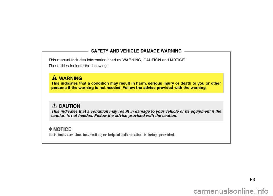 Hyundai Accent 2015  Owners Manual F3
This manual includes information titled as WARNING, CAUTION and NOTICE.
These titles indicate the following:
✽ ✽ 
 
NOTICE
This indicates that interesting or helpful information is being provid