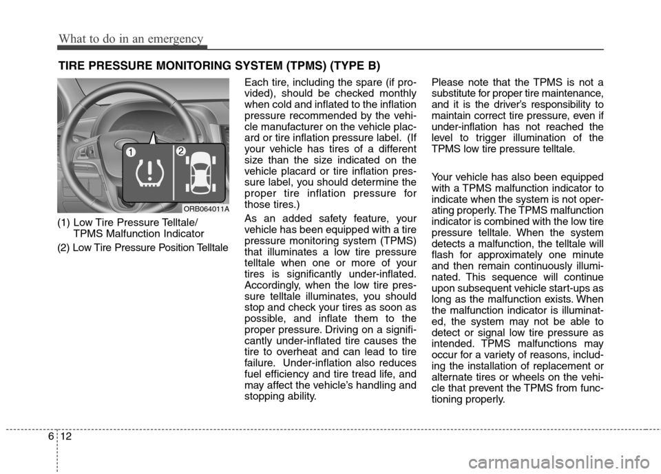 Hyundai Accent 2015 Owners Manual What to do in an emergency
12 6
TIRE PRESSURE MONITORING SYSTEM (TPMS) (TYPE B)
(1) Low Tire Pressure Telltale/
TPMS Malfunction Indicator
(2) Low Tire Pressure Position TelltaleEach tire, including t Hyundai Accent 2015 Owners Manual What to do in an emergency
12 6
TIRE PRESSURE MONITORING SYSTEM (TPMS) (TYPE B)
(1) Low Tire Pressure Telltale/
TPMS Malfunction Indicator
(2) Low Tire Pressure Position TelltaleEach tire, including t