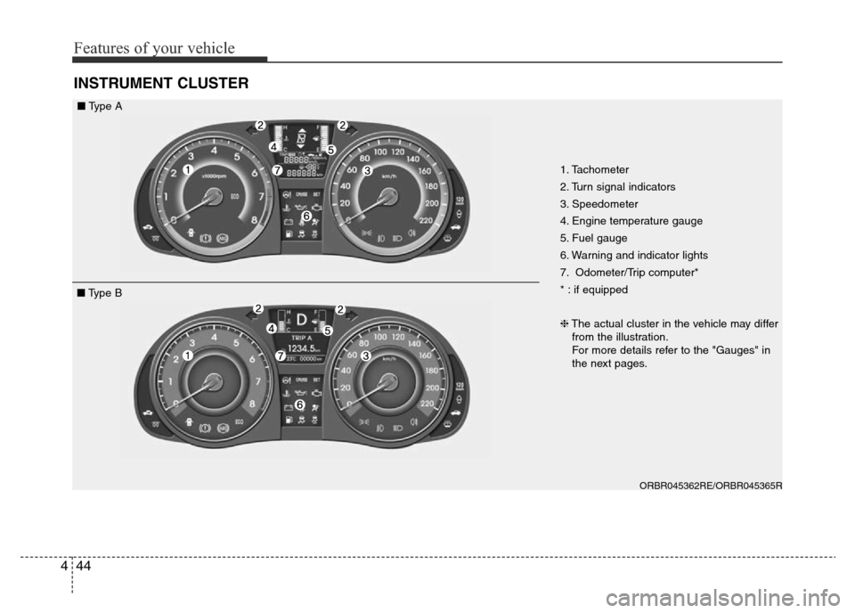 Hyundai Accent 2015 Owners Manual - RHD (UK. Australia) Features of your vehicle
44 4
INSTRUMENT CLUSTER
1. Tachometer
2. Turn signal indicators
3. Speedometer
4. Engine temperature gauge
5. Fuel gauge
6. Warning and indicator lights
7. Odometer/Trip comp Hyundai Accent 2015 Owners Manual - RHD (UK. Australia) Features of your vehicle
44 4
INSTRUMENT CLUSTER
1. Tachometer
2. Turn signal indicators
3. Speedometer
4. Engine temperature gauge
5. Fuel gauge
6. Warning and indicator lights
7. Odometer/Trip comp