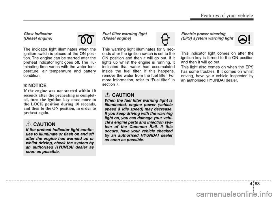 Hyundai Accent 2015 Owners Manual - RHD (UK. Australia) 463
Features of your vehicle
Glow indicator
(Diesel engine)
The indicator light illuminates when the
ignition switch is placed at the ON posi-
tion. The engine can be started after the
preheat indica Hyundai Accent 2015 Owners Manual - RHD (UK. Australia) 463
Features of your vehicle
Glow indicator
(Diesel engine)
The indicator light illuminates when the
ignition switch is placed at the ON posi-
tion. The engine can be started after the
preheat indica