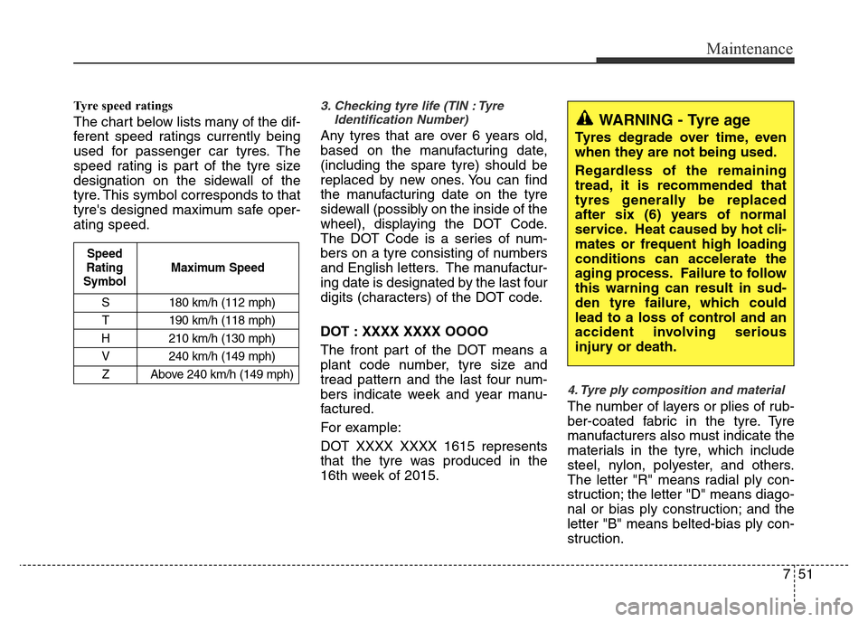 Hyundai Accent 2015 Owners Manual - RHD (UK. Australia) 751
Maintenance
Tyre speed ratings
The chart below lists many of the dif-
ferent speed ratings currently being
used for passenger car tyres. The
speed rating is part of the tyre size
designation on Hyundai Accent 2015 Owners Manual - RHD (UK. Australia) 751
Maintenance
Tyre speed ratings
The chart below lists many of the dif-
ferent speed ratings currently being
used for passenger car tyres. The
speed rating is part of the tyre size
designation on