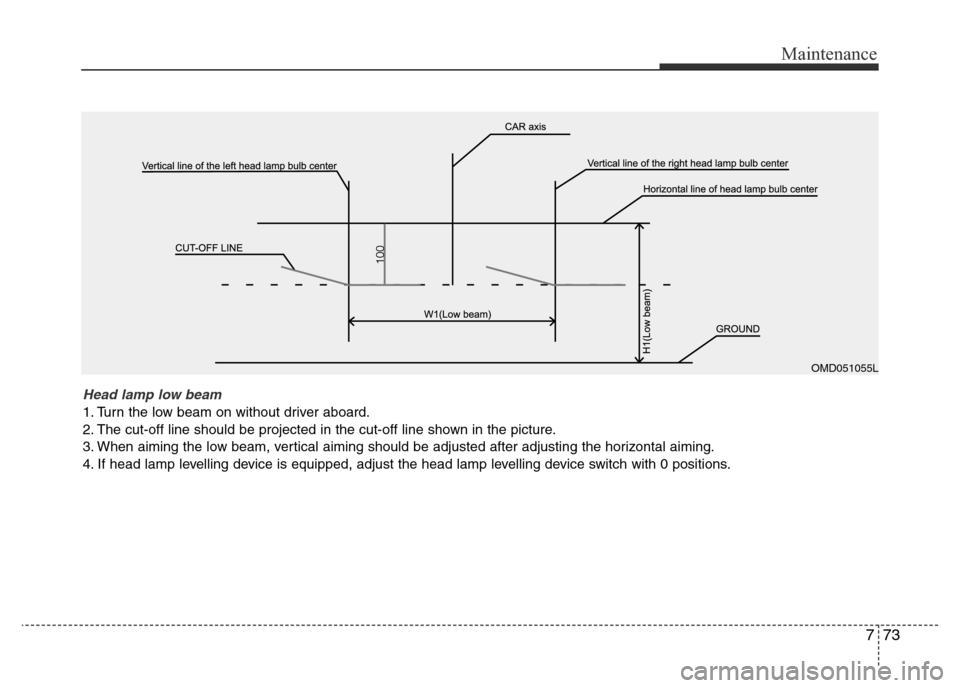 Hyundai Accent 2015  Owners Manual - RHD (UK. Australia) 773
Maintenance
OMD051055L
Head lamp low beam 
1. Turn the low beam on without driver aboard.
2. The cut-off line should be projected in the cut-off line shown in the picture.
3. When aiming the low b