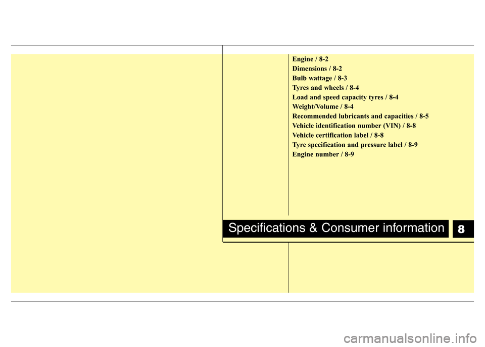 Hyundai Accent 2015 Owners Manual - RHD (UK. Australia) 8
Engine / 8-2
Dimensions / 8-2
Bulb wattage / 8-3
Tyres and wheels / 8-4
Load and speed capacity tyres / 8-4
Weight/Volume / 8-4
Recommended lubricants and capacities / 8-5
Vehicle identification num Hyundai Accent 2015 Owners Manual - RHD (UK. Australia) 8
Engine / 8-2
Dimensions / 8-2
Bulb wattage / 8-3
Tyres and wheels / 8-4
Load and speed capacity tyres / 8-4
Weight/Volume / 8-4
Recommended lubricants and capacities / 8-5
Vehicle identification num