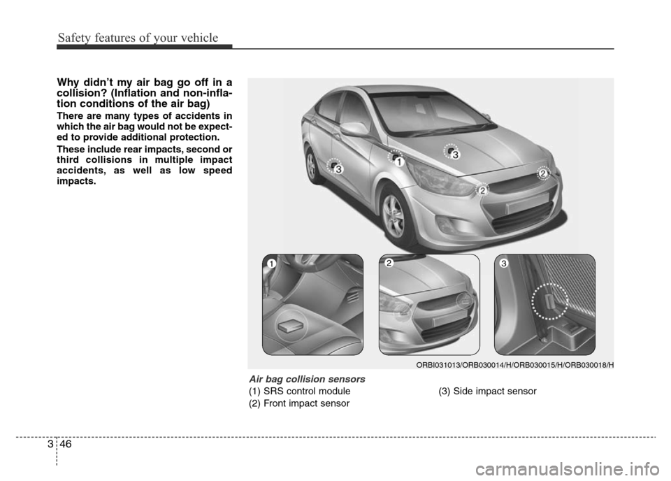 Hyundai Accent 2015  Owners Manual - RHD (UK. Australia) Safety features of your vehicle
46 3
Why didn’t my air bag go off in a
collision? (Inflation and non-infla-
tion conditions of the air bag)
There are many types of accidents in
which the air bag wou