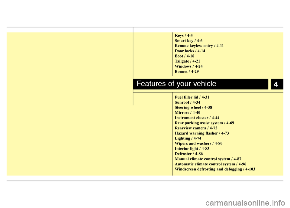 Hyundai Accent 2015  Owners Manual - RHD (UK. Australia) 4
Keys / 4-3
Smart key / 4-6
Remote keyless entry / 4-11
Door locks / 4-14
Boot / 4-18
Tailgate / 4-21
Windows / 4-24
Bonnet / 4-29
Fuel filler lid / 4-31
Sunroof / 4-34
Steering wheel / 4-38
Mirrors 