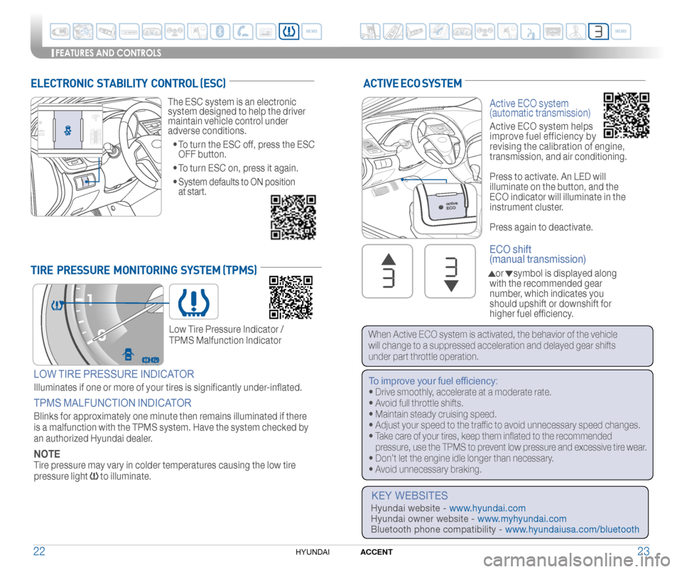 Hyundai Accent 2015  Quick Reference Guide 2322ACCENTHYUNDAI 
   KEY WEBSITES
    Hyundai website - www.hyundai.com     Hyundai owner website - www.myhyundai.com     Bluetooth phone compatibility - www.hyundaiusa.com/bluetooth
FEATURES AND CON