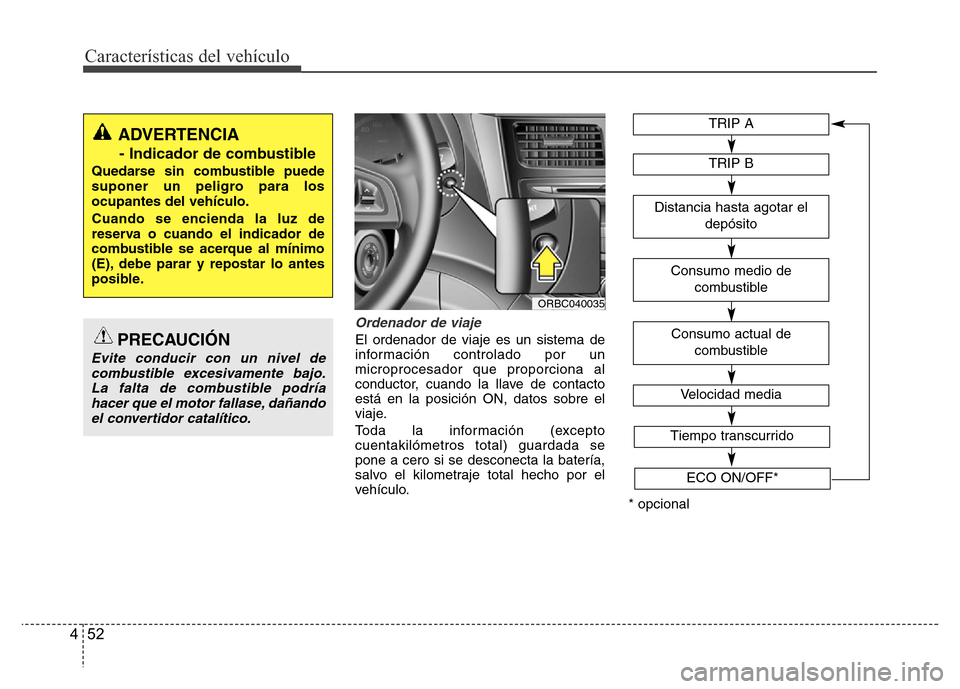 Hyundai Accent 2015  Manual del propietario (i25) (in Spanish) Características del vehículo
52 4
Ordenador de viaje
El ordenador de viaje es un sistema de
información controlado por un
microprocesador que proporciona al
conductor, cuando la llave de contacto
e