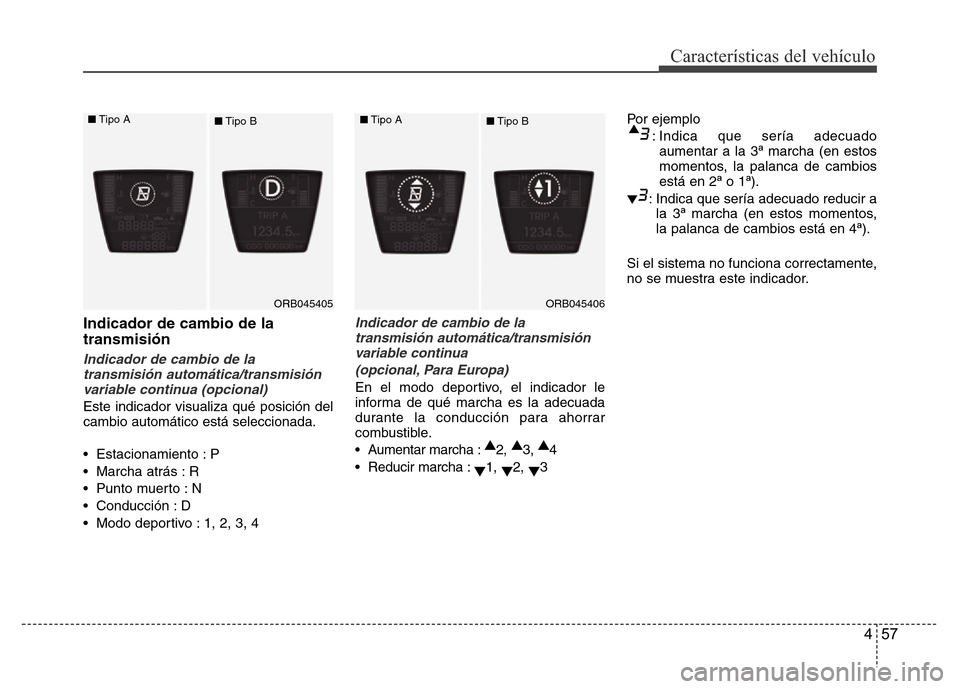 Hyundai Accent 2015 Manual del propietario (i25) (in Spanish) 457
Características del vehículo
Indicador de cambio de la
transmisión
Indicador de cambio de la
transmisión automática/transmisión
variable continua (opcional)
Este indicador visualiza qué pos Hyundai Accent 2015 Manual del propietario (i25) (in Spanish) 457
Características del vehículo
Indicador de cambio de la
transmisión
Indicador de cambio de la
transmisión automática/transmisión
variable continua (opcional)
Este indicador visualiza qué pos