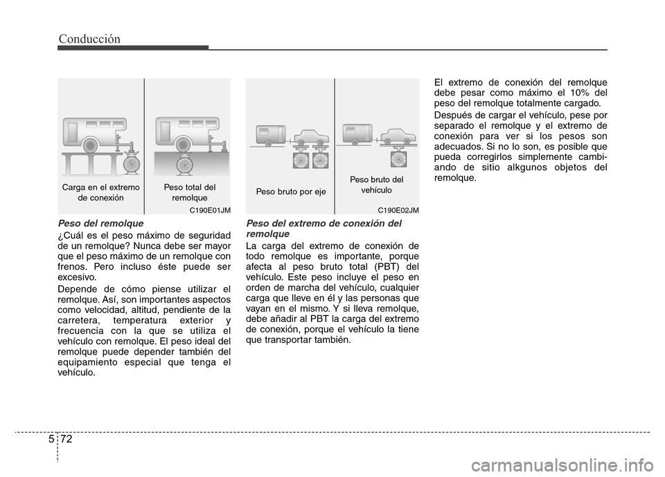 Hyundai Accent 2015 Manual del propietario (i25) (in Spanish) Conducción
72 5
Peso del remolque
¿Cuál es el peso máximo de seguridad
de un remolque? Nunca debe ser mayor
que el peso máximo de un remolque con
frenos. Pero incluso éste puede ser
excesivo.
De Hyundai Accent 2015 Manual del propietario (i25) (in Spanish) Conducción
72 5
Peso del remolque
¿Cuál es el peso máximo de seguridad
de un remolque? Nunca debe ser mayor
que el peso máximo de un remolque con
frenos. Pero incluso éste puede ser
excesivo.
De