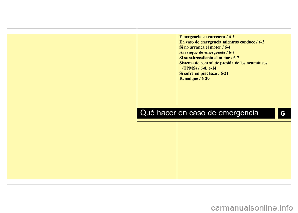 Hyundai Accent 2015  Manual del propietario (i25) (in Spanish) 6
Emergencia en carretera / 6-2
En caso de emergencia mientras conduce / 6-3
Si no arranca el motor / 6-4
Arranque de emergencia / 6-5
Si se sobrecalienta el motor / 6-7
Sistema de control de presión