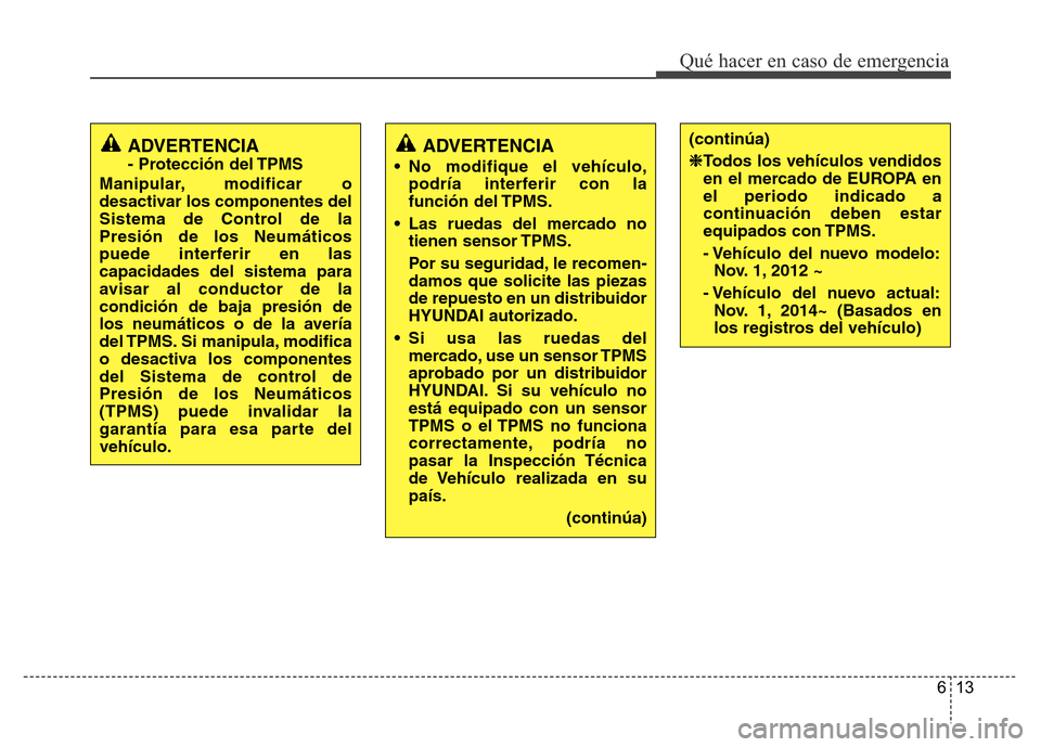 Hyundai Accent 2015  Manual del propietario (i25) (in Spanish) 613
Qué hacer en caso de emergencia
ADVERTENCIA
- Protección del TPMS
Manipular, modificar o
desactivar los componentes del
Sistema de Control de la
Presión de los Neumáticos
puede interferir en l