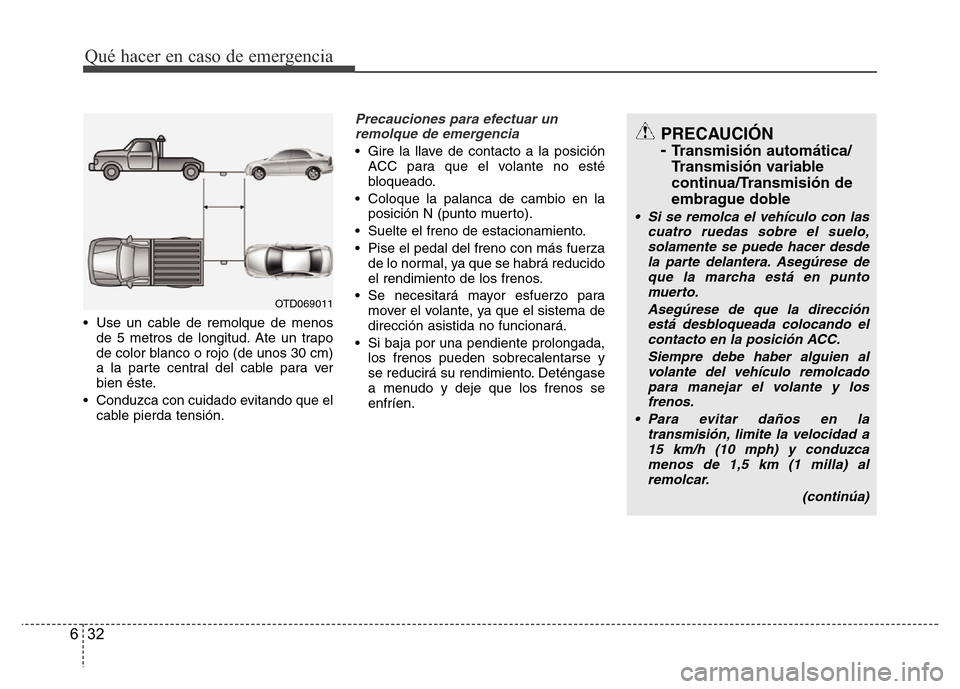 Hyundai Accent 2015  Manual del propietario (i25) (in Spanish) Qué hacer en caso de emergencia
32 6
• Use un cable de remolque de menos
de 5 metros de longitud. Ate un trapo
de color blanco o rojo (de unos 30 cm)
a la parte central del cable para ver
bien ést