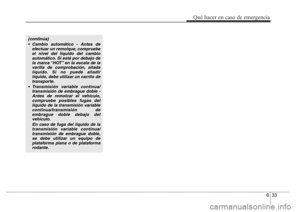 Hyundai Accent 2015  Manual del propietario (i25) (in Spanish) 633
Qué hacer en caso de emergencia
(continúa)
• Cambio automático - Antes de
efectuar un remolque, compruebe
el nivel del líquido del cambio
automático. Si está por debajo de
la marca “HOT