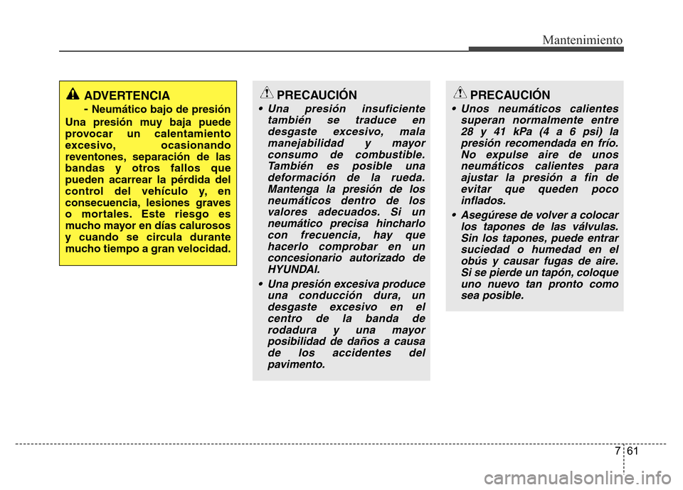 Hyundai Accent 2015 Manual del propietario (i25) (in Spanish) 761
Mantenimiento
PRECAUCIÓN
• Una presión insuficiente
también se traduce en
desgaste excesivo, mala
manejabilidad y mayor
consumo de combustible.
También es posible una
deformación de la rued Hyundai Accent 2015 Manual del propietario (i25) (in Spanish) 761
Mantenimiento
PRECAUCIÓN
• Una presión insuficiente
también se traduce en
desgaste excesivo, mala
manejabilidad y mayor
consumo de combustible.
También es posible una
deformación de la rued
