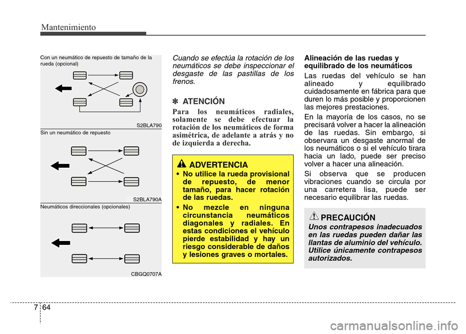 Hyundai Accent 2015 Manual del propietario (i25) (in Spanish) Mantenimiento
64 7
Cuando se efectúa la rotación de los
neumáticos se debe inspeccionar el
desgaste de las pastillas de los
frenos.
✽ ATENCIÓN
Para los neumáticos radiales,
solamente se debe ef Hyundai Accent 2015 Manual del propietario (i25) (in Spanish) Mantenimiento
64 7
Cuando se efectúa la rotación de los
neumáticos se debe inspeccionar el
desgaste de las pastillas de los
frenos.
✽ ATENCIÓN
Para los neumáticos radiales,
solamente se debe ef