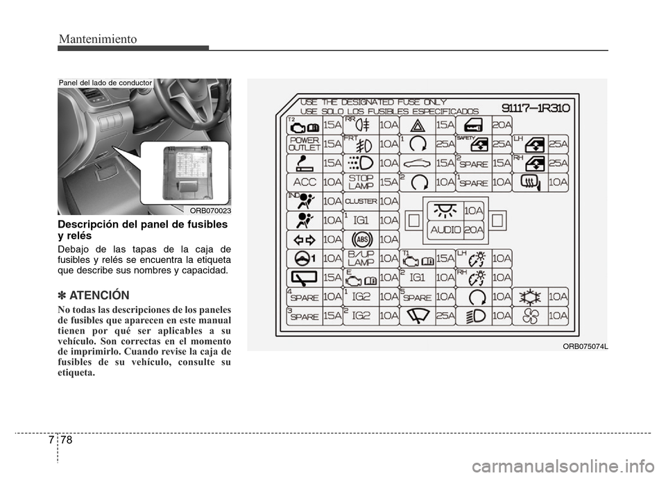 Hyundai Accent 2015 Manual del propietario (i25) (in Spanish) Mantenimiento
78 7
Descripción del panel de fusibles
y relés
Debajo de las tapas de la caja de
fusibles y relés se encuentra la etiqueta
que describe sus nombres y capacidad.
✽ ATENCIÓN
No todas Hyundai Accent 2015 Manual del propietario (i25) (in Spanish) Mantenimiento
78 7
Descripción del panel de fusibles
y relés
Debajo de las tapas de la caja de
fusibles y relés se encuentra la etiqueta
que describe sus nombres y capacidad.
✽ ATENCIÓN
No todas