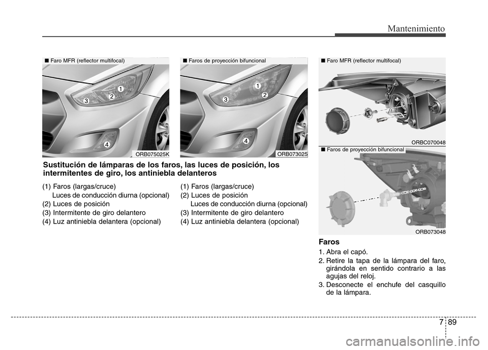 Hyundai Accent 2015 Manual del propietario (i25) (in Spanish) 789
Mantenimiento
(1) Faros (largas/cruce)
Luces de conducción diurna (opcional)
(2) Luces de posición
(3) Intermitente de giro delantero
(4) Luz antiniebla delantera (opcional)(1) Faros (largas/cru Hyundai Accent 2015 Manual del propietario (i25) (in Spanish) 789
Mantenimiento
(1) Faros (largas/cruce)
Luces de conducción diurna (opcional)
(2) Luces de posición
(3) Intermitente de giro delantero
(4) Luz antiniebla delantera (opcional)(1) Faros (largas/cru