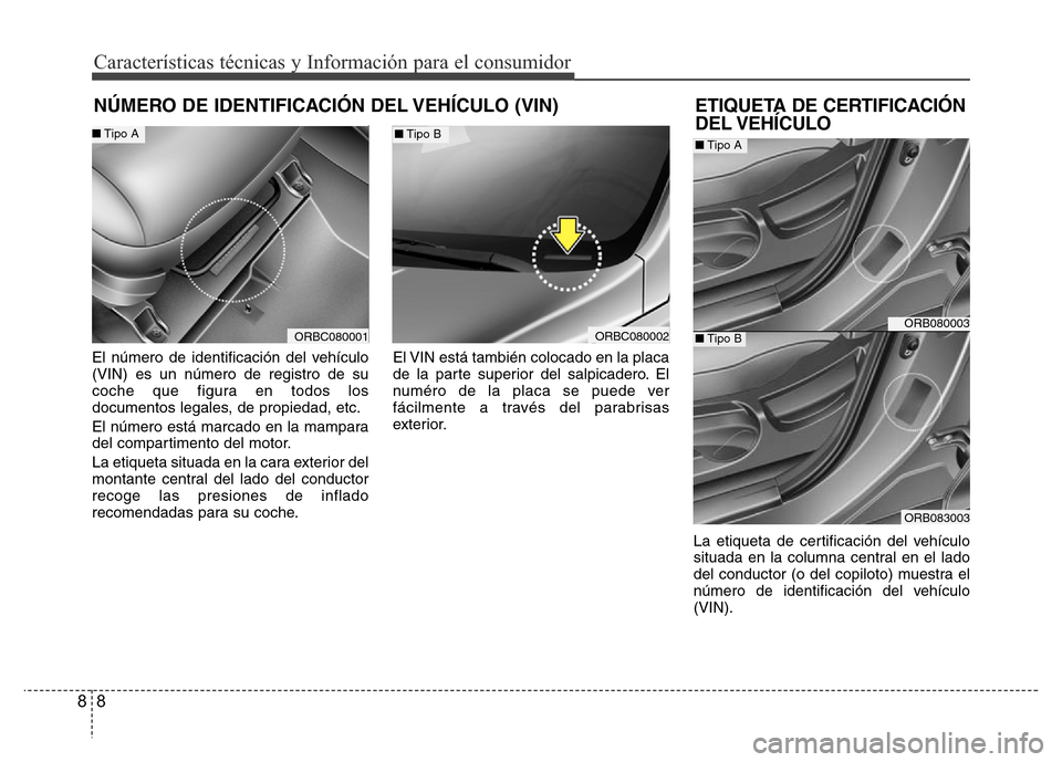 Hyundai Accent 2015  Manual del propietario (i25) (in Spanish) 8 8
Características técnicas y Información para el consumidor
El número de identificación del vehículo
(VIN) es un número de registro de su
coche que figura en todos los
documentos legales, de 