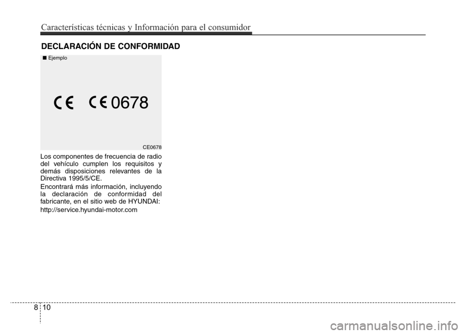 Hyundai Accent 2015  Manual del propietario (i25) (in Spanish) Los componentes de frecuencia de radio
del vehículo cumplen los requisitos y
demás disposiciones relevantes de la
Directiva 1995/5/CE.
Encontrará más información, incluyendo
la declaración de co
