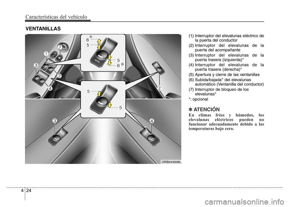 Hyundai Accent 2015  Manual del propietario (i25) (in Spanish) Características del vehículo
24 4
(1) Interruptor del elevalunas eléctrico de
la puerta del conductor
(2) Interruptor del elevalunas de la
puerta del acompañante
(3) Interruptor del elevalunas de 