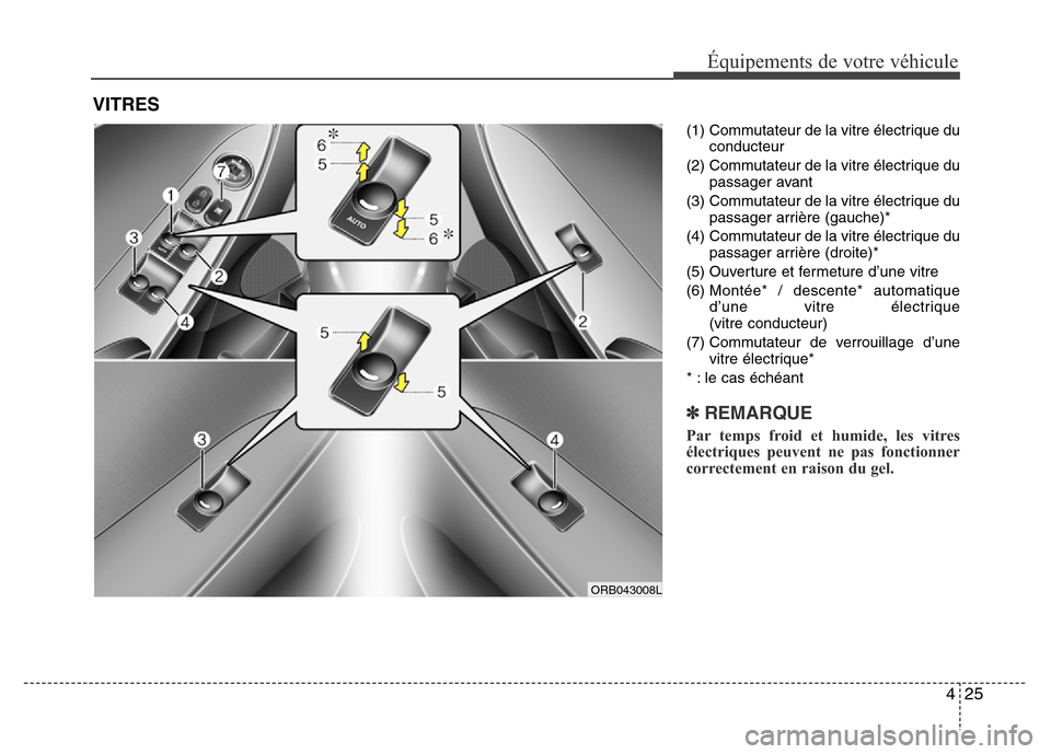 Hyundai Accent 2015 Manuel du propriétaire (in French) 425
Équipements de votre véhicule
(1) Commutateur de la vitre électrique duconducteur
(2) Commutateur de la vitre électrique du passager avant
(3) Commutateur de la vitre électrique du passager a Hyundai Accent 2015 Manuel du propriétaire (in French) 425
Équipements de votre véhicule
(1) Commutateur de la vitre électrique duconducteur
(2) Commutateur de la vitre électrique du passager avant
(3) Commutateur de la vitre électrique du passager a