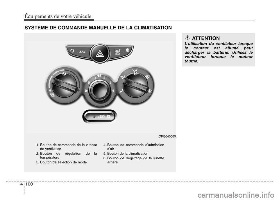 Hyundai Accent 2015 Manuel du propriétaire (in French) Équipements de votre véhicule
100
4
SYSTÈME DE COMMANDE MANUELLE DE LA CLIMATISATION
1. Bouton de commande de la vitesse
de ventilation
2. Bouton de régulation de la température
3. Bouton de sé Hyundai Accent 2015 Manuel du propriétaire (in French) Équipements de votre véhicule
100
4
SYSTÈME DE COMMANDE MANUELLE DE LA CLIMATISATION
1. Bouton de commande de la vitesse
de ventilation
2. Bouton de régulation de la température
3. Bouton de sé