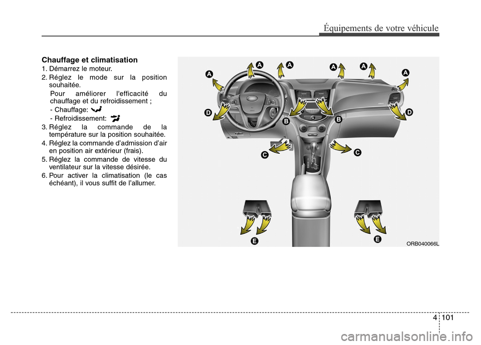 Hyundai Accent 2015 Manuel du propriétaire (in French) 4101
Équipements de votre véhicule
Chauffage et climatisation
1. Démarrez le moteur.
2. Réglez le mode sur la positionsouhaitée.
Pour améliorer lefficacité du
chauffage et du refroidissement ; Hyundai Accent 2015 Manuel du propriétaire (in French) 4101
Équipements de votre véhicule
Chauffage et climatisation
1. Démarrez le moteur.
2. Réglez le mode sur la positionsouhaitée.
Pour améliorer lefficacité du
chauffage et du refroidissement ;