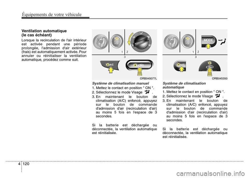 Hyundai Accent 2015 Manuel du propriétaire (in French) Équipements de votre véhicule
120
4
Ventilation automatique
(le cas échéant)
Lorsque la recirculation de lair intérieur
est activée pendant une période
prolongée, ladmission dair extérieu Hyundai Accent 2015 Manuel du propriétaire (in French) Équipements de votre véhicule
120
4
Ventilation automatique
(le cas échéant)
Lorsque la recirculation de lair intérieur
est activée pendant une période
prolongée, ladmission dair extérieu
