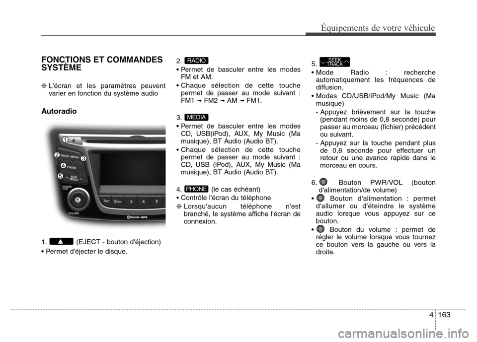 Hyundai Accent 2015 Manuel du propriétaire (in French) 4163
FONCTIONS ET COMMANDES
SYSTÈME
❈ Lécran et les paramètres peuvent
varier en fonction du système audio
Autoradio
1. (EJECT - bouton déjection)
• Permet déjecter le disque. 2.
• Per Hyundai Accent 2015 Manuel du propriétaire (in French) 4163
FONCTIONS ET COMMANDES
SYSTÈME
❈ Lécran et les paramètres peuvent
varier en fonction du système audio
Autoradio
1. (EJECT - bouton déjection)
• Permet déjecter le disque. 2.
• Per