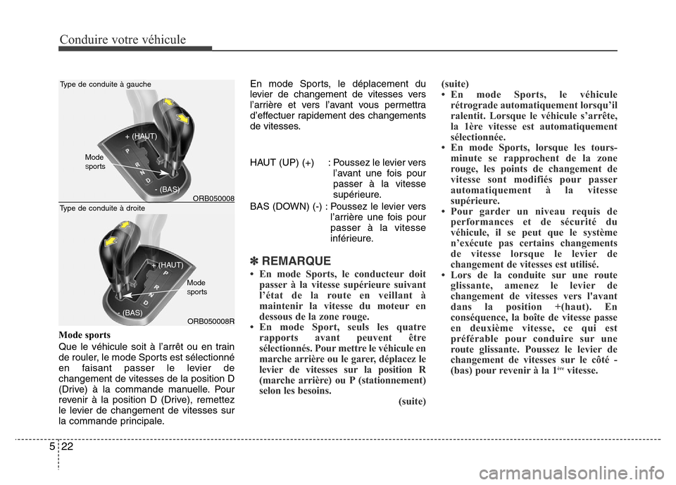 Hyundai Accent 2015 Manuel du propriétaire (in French) Conduire votre véhicule
22
5
Mode sports
Que le véhicule soit à l’arrêt ou en train
de rouler, le mode Sports est sélectionné
en faisant passer le levier de
changement de vitesses de la positi Hyundai Accent 2015 Manuel du propriétaire (in French) Conduire votre véhicule
22
5
Mode sports
Que le véhicule soit à l’arrêt ou en train
de rouler, le mode Sports est sélectionné
en faisant passer le levier de
changement de vitesses de la positi