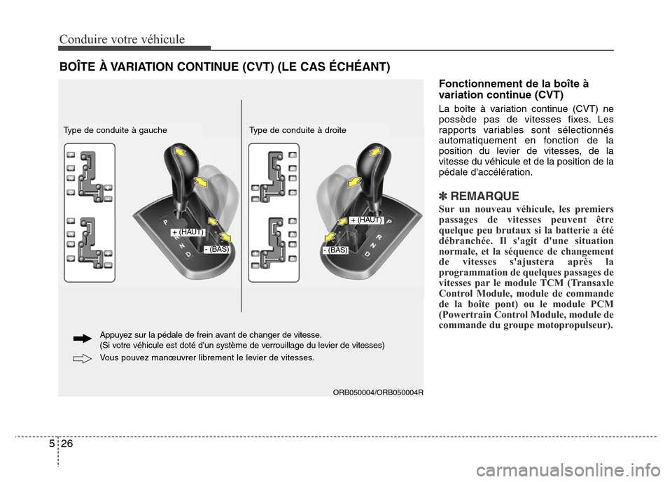 Hyundai Accent 2015 Manuel du propriétaire (in French) Conduire votre véhicule
26
5
Fonctionnement de la boîte Ã
variation continue (CVT)
La boîte à variation continue (CVT) ne
possède pas de vitesses fixes. Les
rapports variables sont sélectionnà Hyundai Accent 2015 Manuel du propriétaire (in French) Conduire votre véhicule
26
5
Fonctionnement de la boîte Ã
variation continue (CVT)
La boîte à variation continue (CVT) ne
possède pas de vitesses fixes. Les
rapports variables sont sélectionnÃ