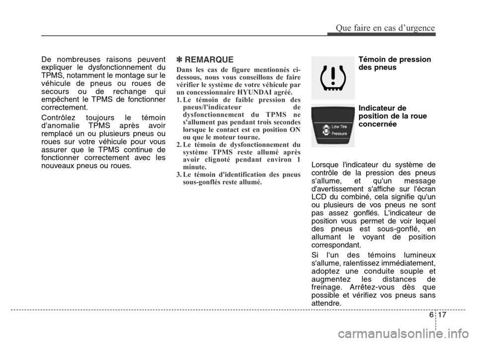 Hyundai Accent 2015 Manuel du propriétaire (in French) 617
Que faire en cas d’urgence
De nombreuses raisons peuvent
expliquer le dysfonctionnement du
TPMS, notamment le montage sur le
véhicule de pneus ou roues de
secours ou de rechange qui
empêchent Hyundai Accent 2015 Manuel du propriétaire (in French) 617
Que faire en cas d’urgence
De nombreuses raisons peuvent
expliquer le dysfonctionnement du
TPMS, notamment le montage sur le
véhicule de pneus ou roues de
secours ou de rechange qui
empêchent